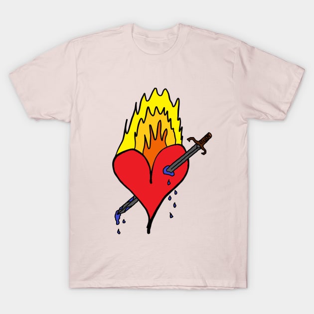 Burning red heart that was bleeding blue by a sword that ripped it! A cute, pretty, beautiful red heart drawing which is burning and ruptured by sword. T-Shirt by Blue Heart Design